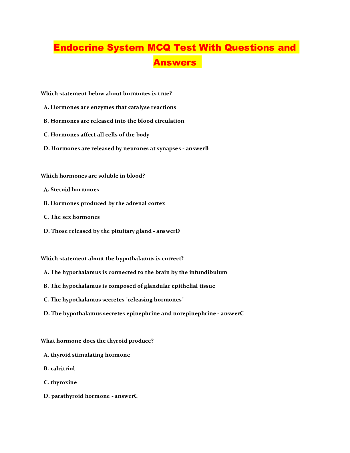 Preview image of Endocrine System MCQ Test With Questions and Answers document